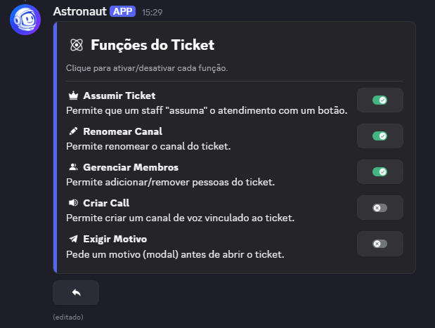 Funções do ticket do Astronaut Bot