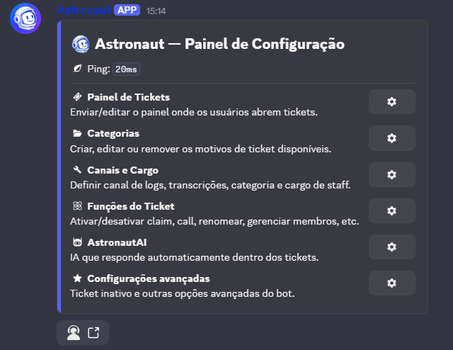 Painel de configuração do Astronaut Bot