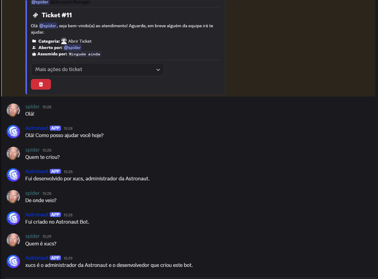 Conversa de ticket com IA do Astronaut Bot